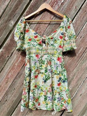 Alice + Olivia Floral Eyelet Mini Dress Smocked Puff Sleeve Cottagecore